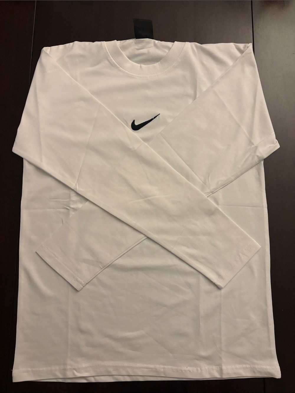 Nike White Long-Sleeve Crew with Black Swoosh Logo